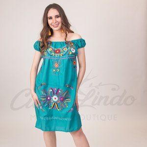 Mexican Floral Embroidered Off the Shoulder Dress Evelia Teal
